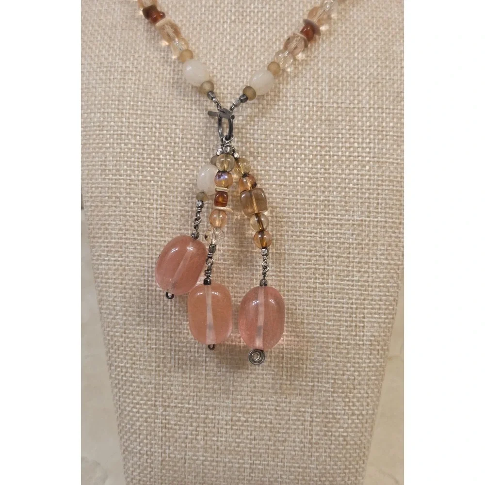 Stunning Vintage Pink Quartz Sterling Silver‎ Lariat Necklace Toggle Clasp 28.5